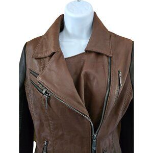 Michael Kors Womens Brown & Black Leather Moto Jacket Zipper Accents biker